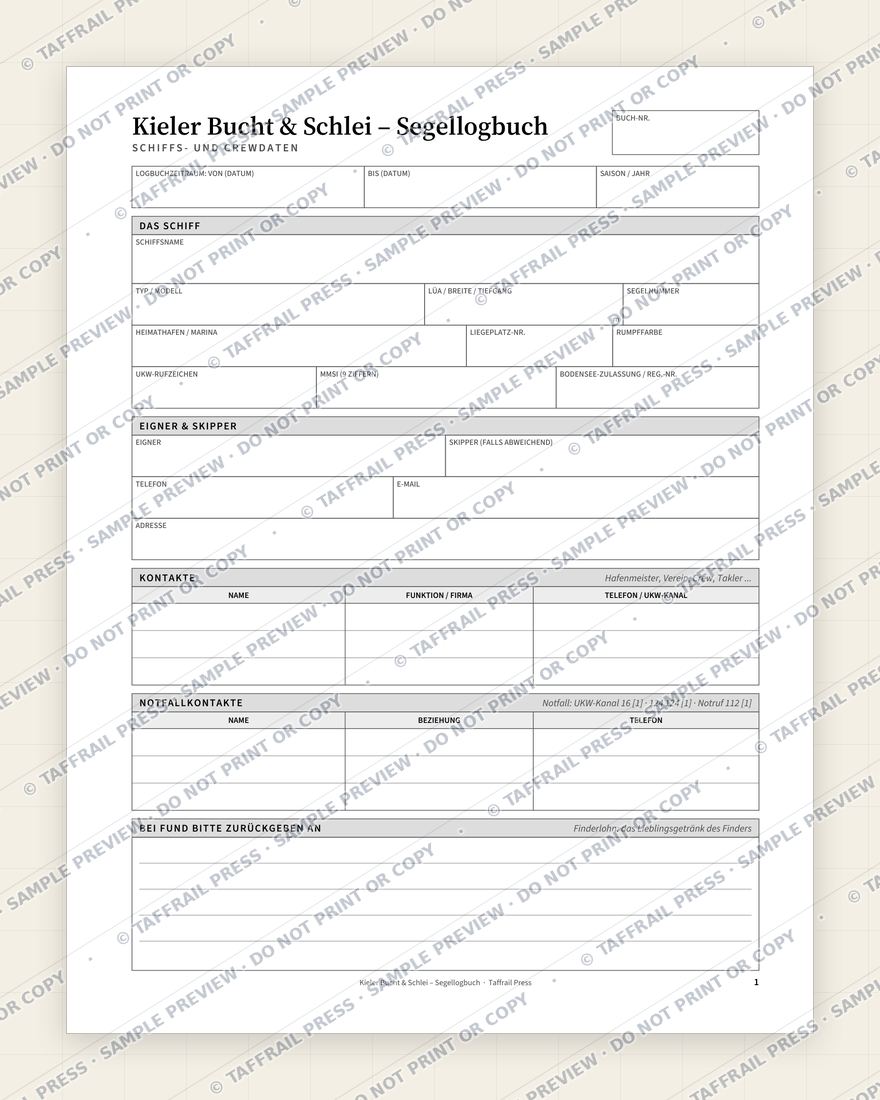 Kieler Bucht & Schlei – Segellogbuch — Interior preview 1: Vessel & crew particulars (watermarked sample)
