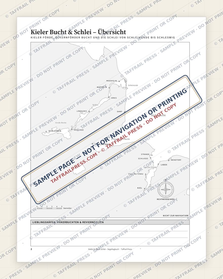 Kieler Bucht & Schlei – Segellogbuch — Interior preview 2: Regional overview map & contents (watermarked sample)