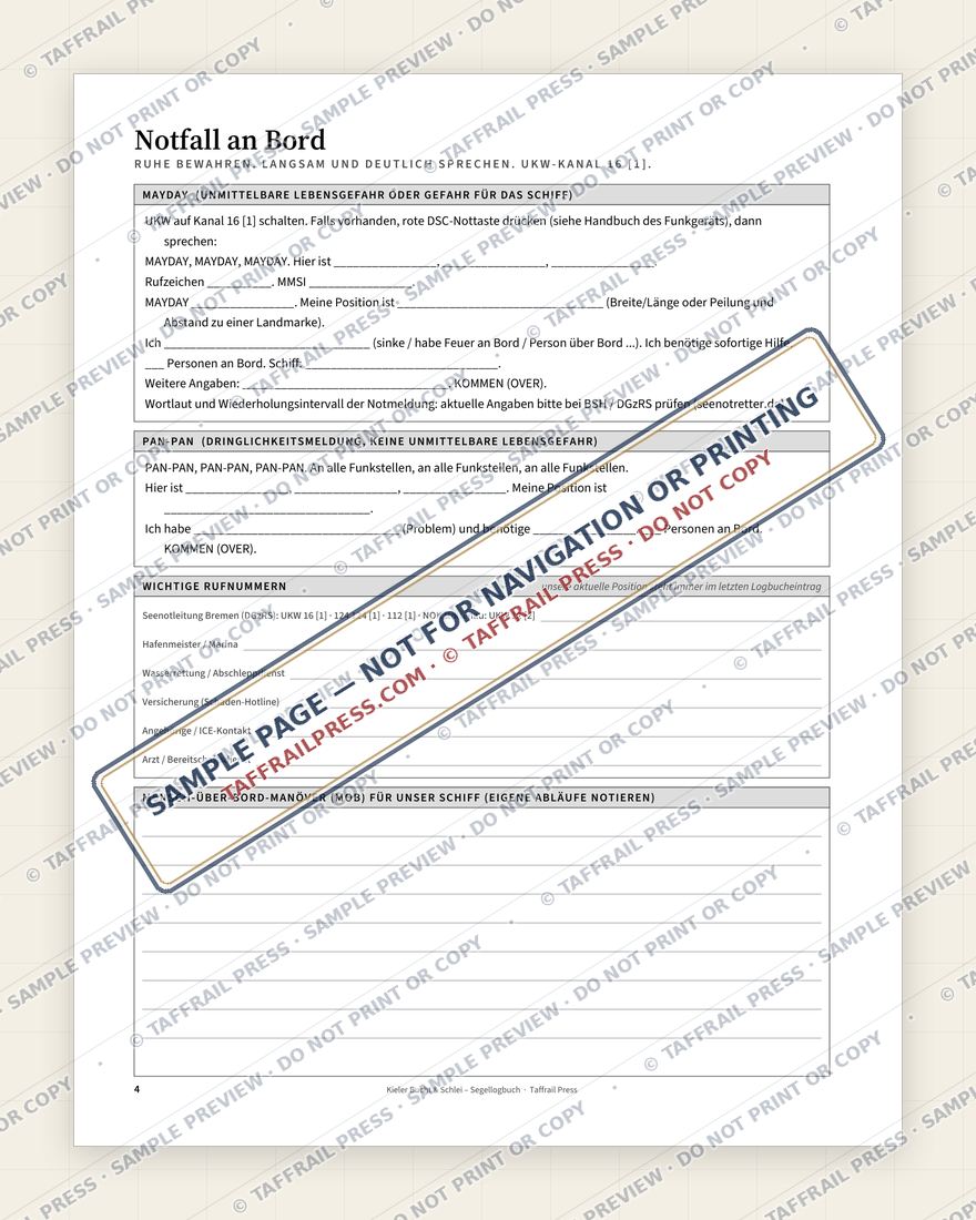 Kieler Bucht & Schlei – Segellogbuch — Interior preview 3: Safety, emergency & pre-departure (watermarked sample)