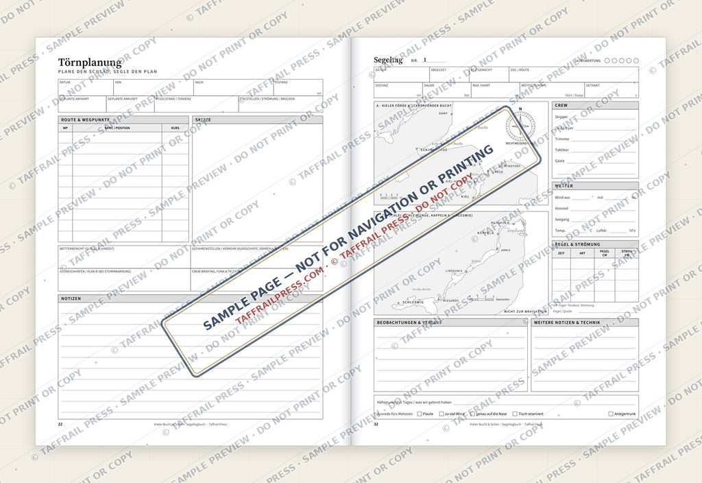 Kieler Bucht & Schlei – Segellogbuch — Interior preview 4: Two-page open log spread (watermarked sample)