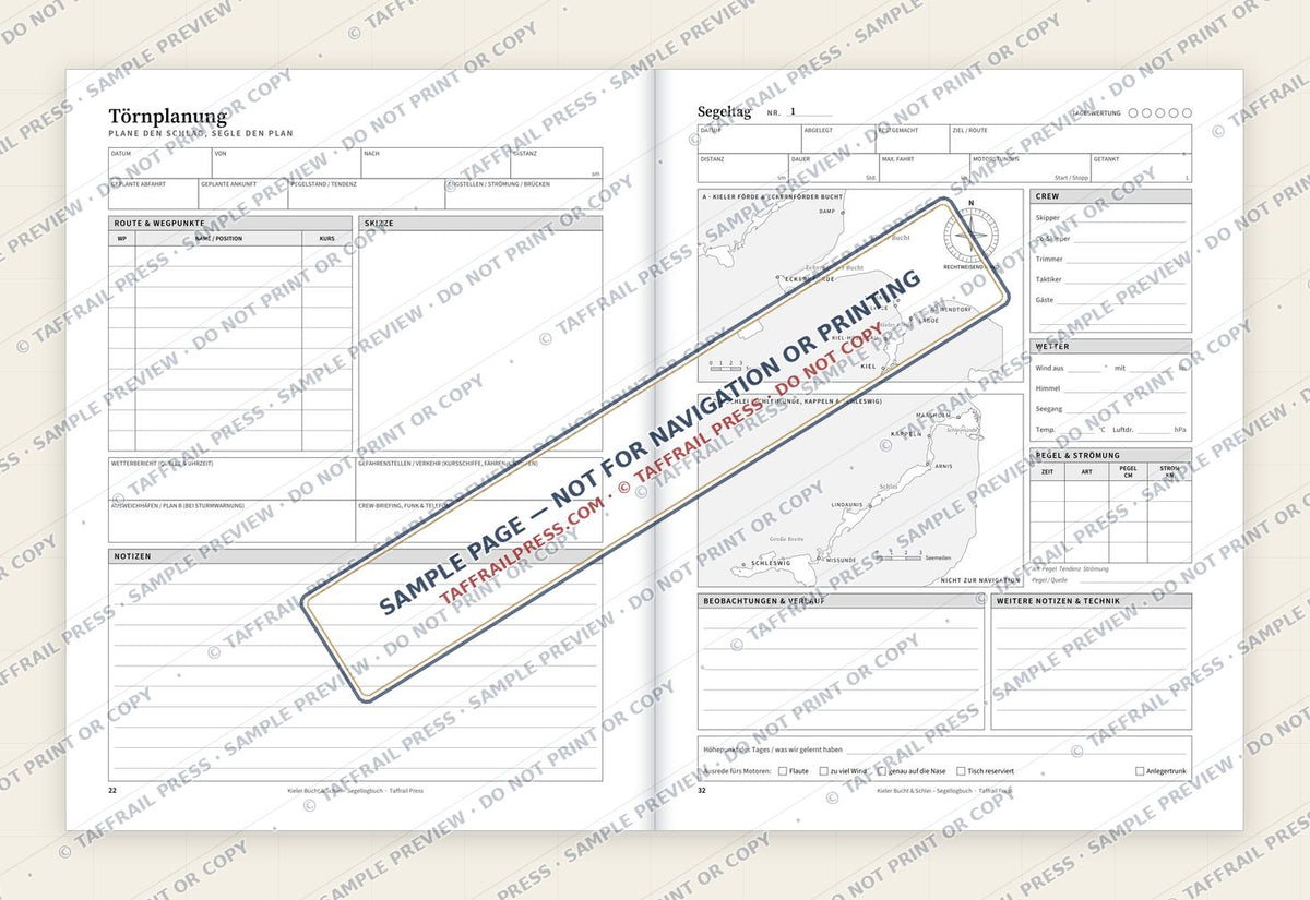 Kieler Bucht & Schlei – Segellogbuch — Interior preview 4: Two-page open log spread (watermarked sample)