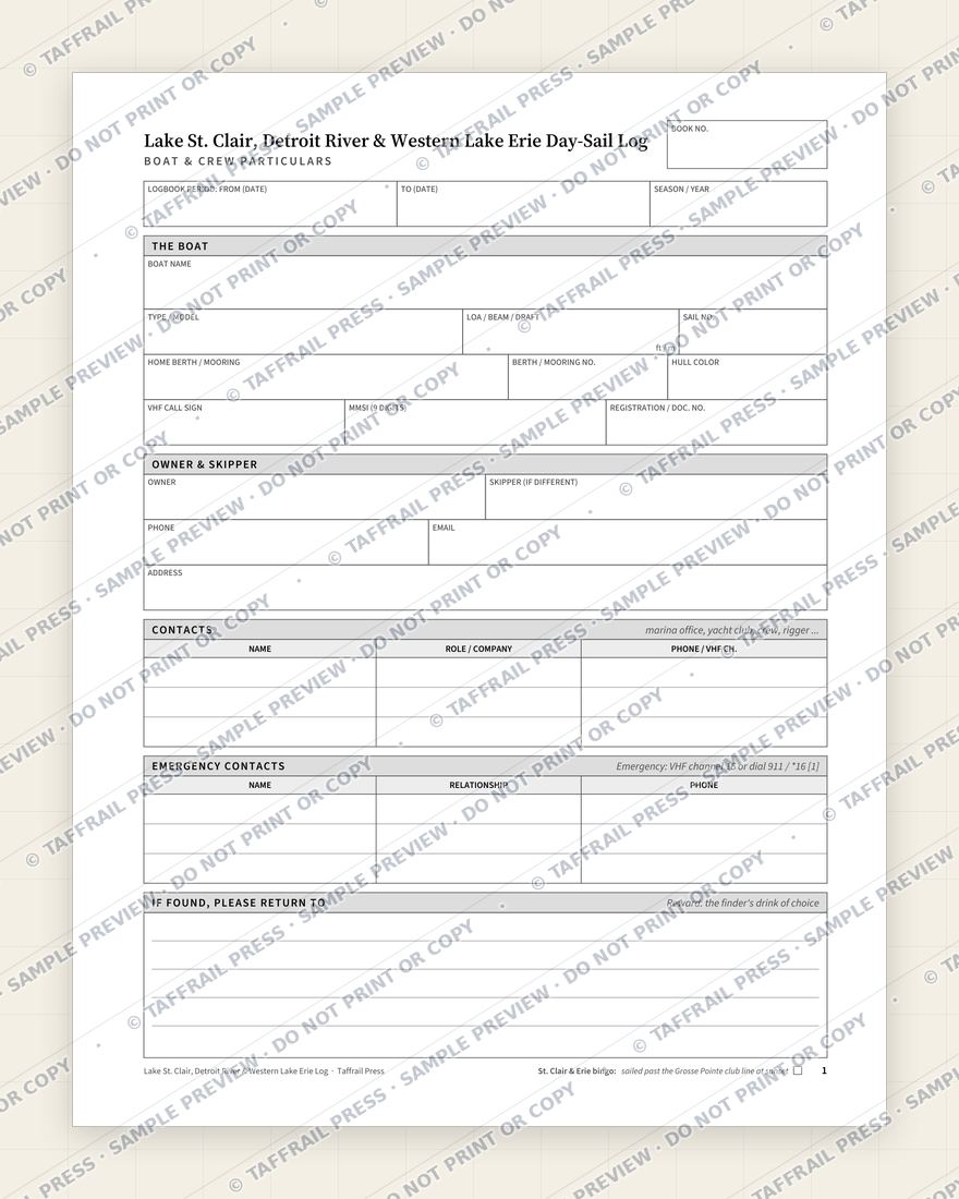 Lake St. Clair, Detroit River & Western Lake Erie Day-Sail Log — Interior preview 1: Vessel & crew particulars (watermarked sample)