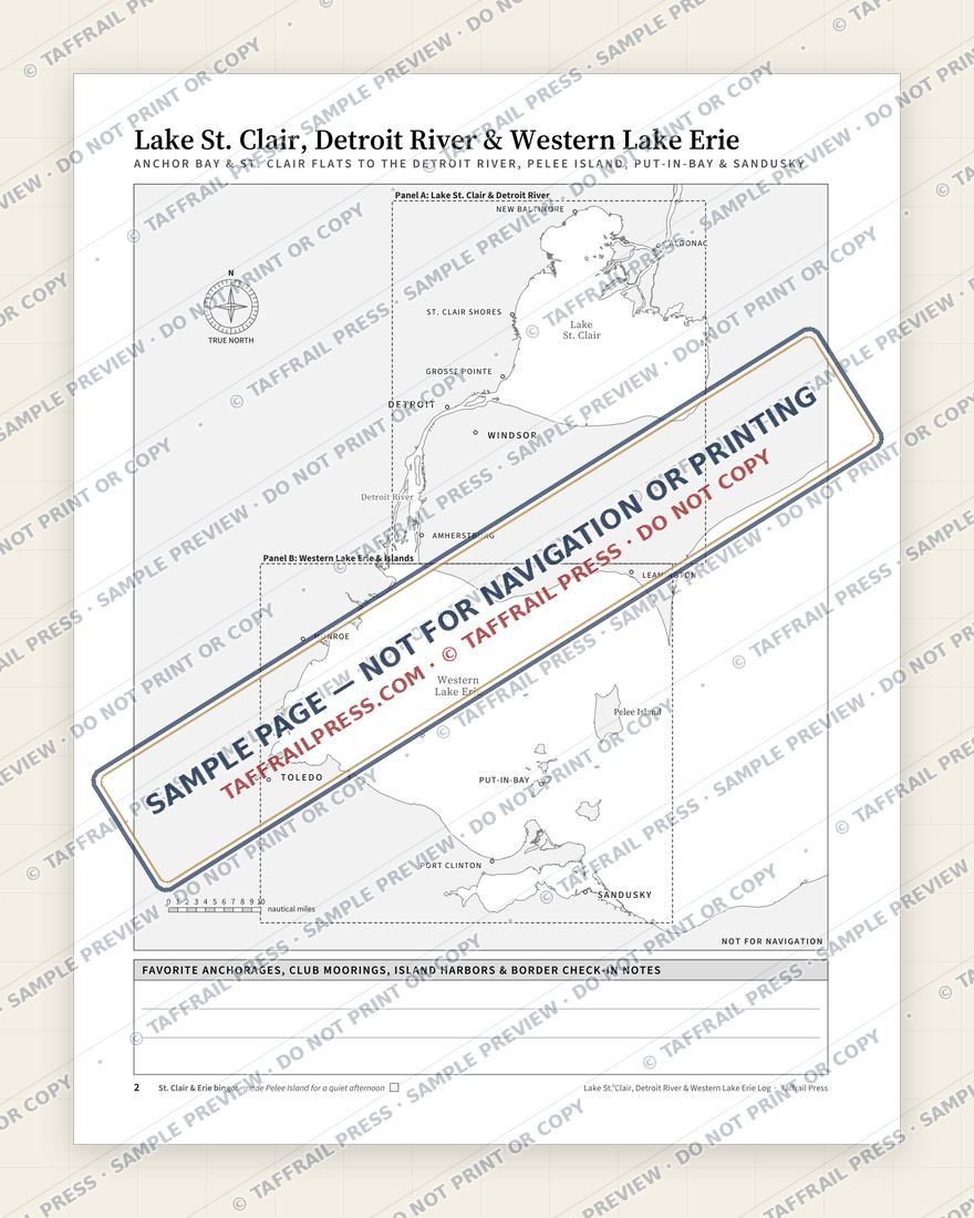 Lake St. Clair, Detroit River & Western Lake Erie Day-Sail Log — Interior preview 2: Regional overview map & contents (watermarked sample)