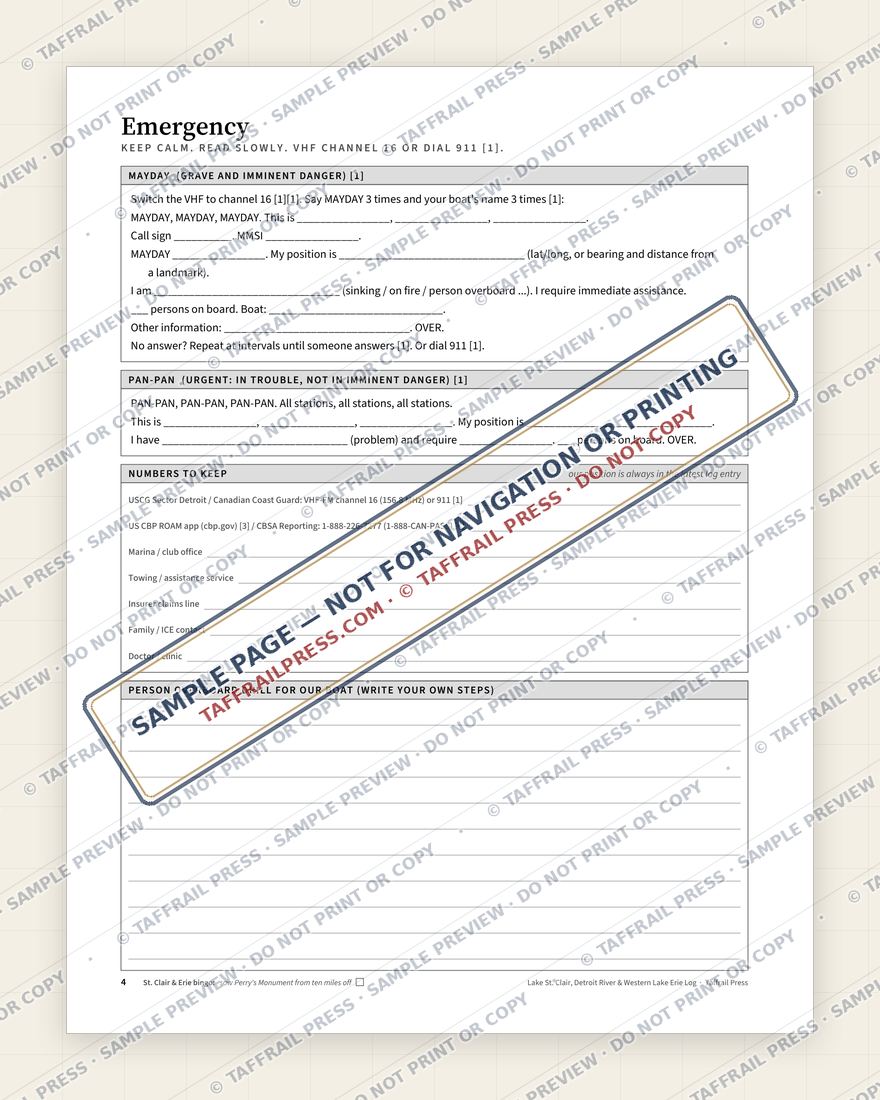 Lake St. Clair, Detroit River & Western Lake Erie Day-Sail Log — Interior preview 3: Safety, emergency & pre-departure (watermarked sample)