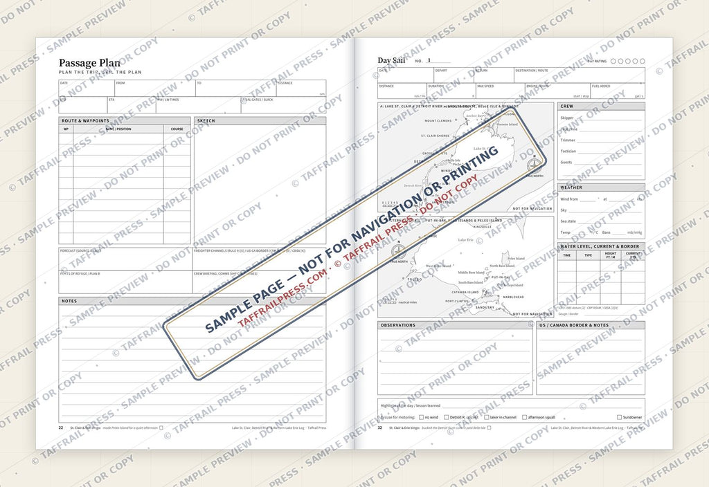Lake St. Clair, Detroit River & Western Lake Erie Day-Sail Log — Interior preview 4: Two-page open log spread (watermarked sample)