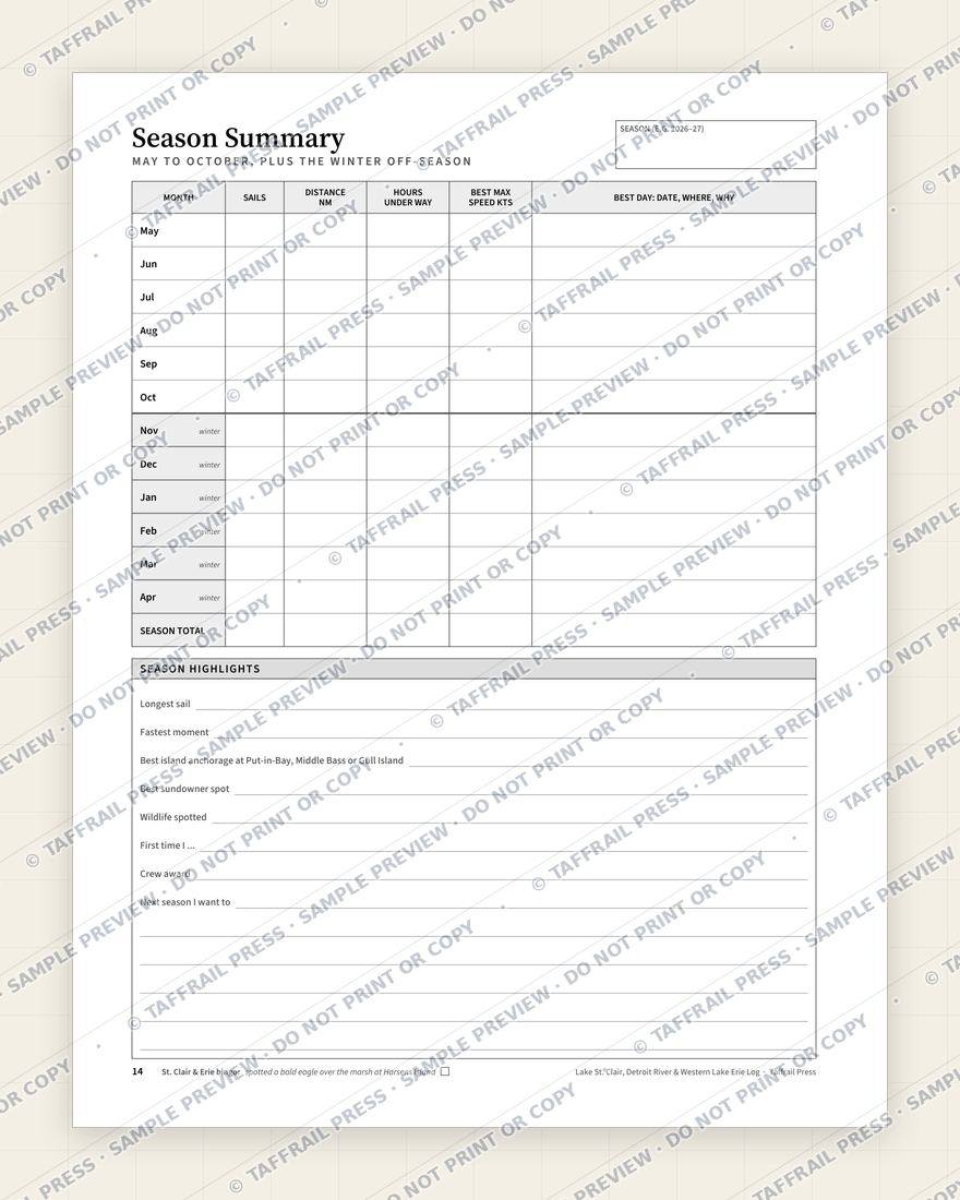 Lake St. Clair, Detroit River & Western Lake Erie Day-Sail Log — Interior preview 7: Season summary & totals (watermarked sample)