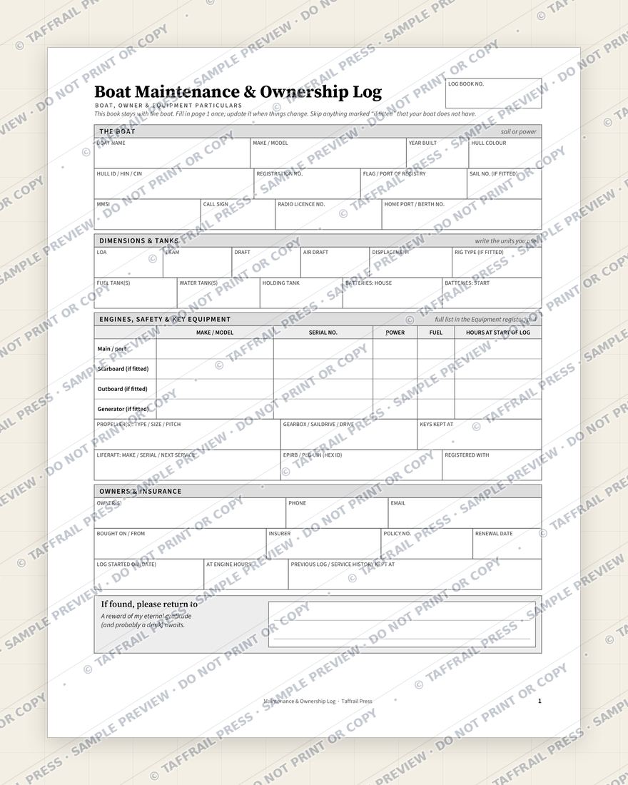 Boat Maintenance & Ownership Log — Interior preview 1: Vessel & crew particulars (watermarked sample)