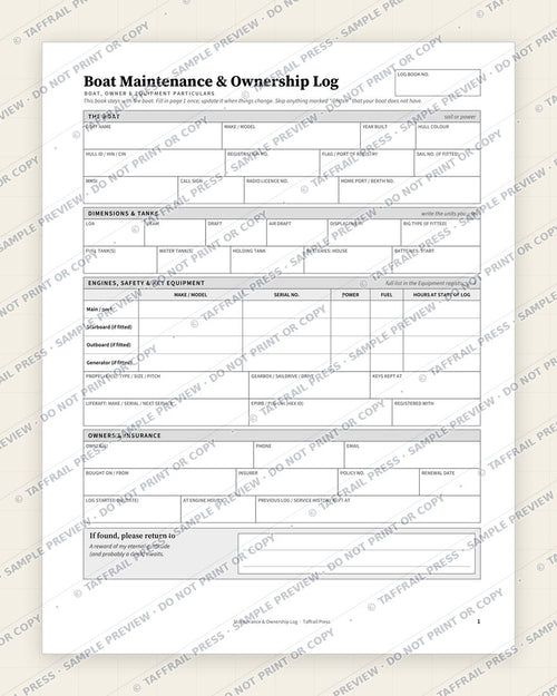 Boat Maintenance & Ownership Log — Interior preview 1: Vessel & crew particulars (watermarked sample)