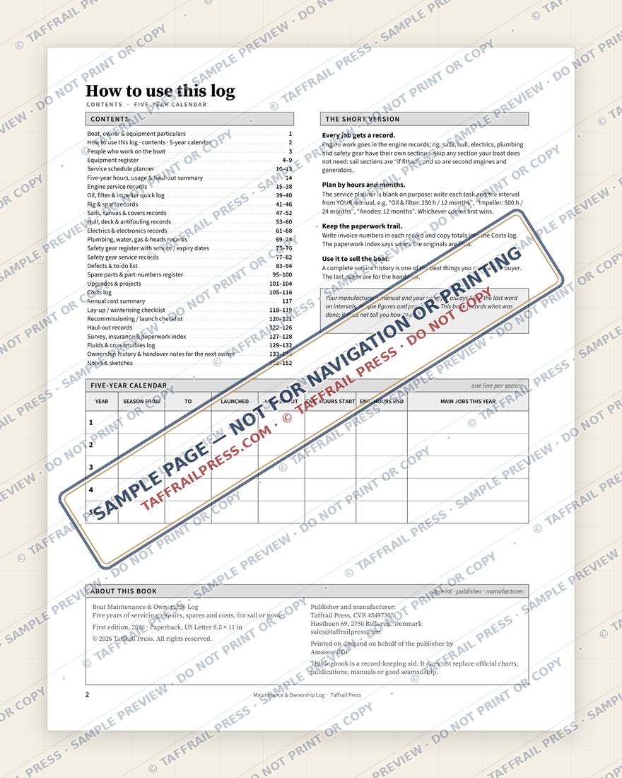 Boat Maintenance & Ownership Log — Interior preview 2: Regional overview map & contents (watermarked sample)