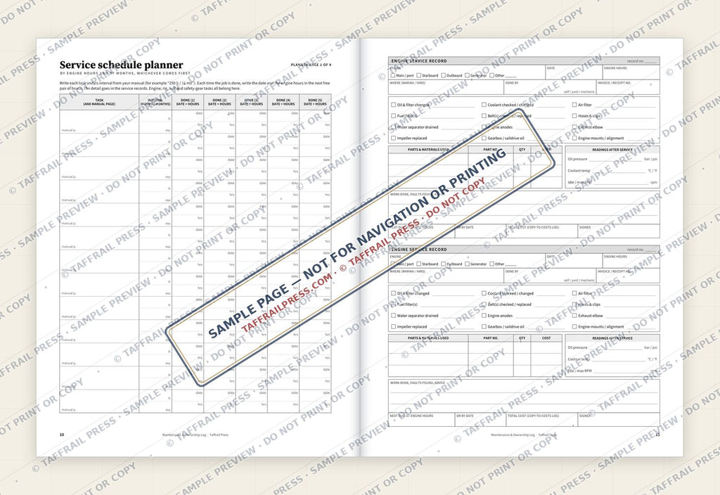 Boat Maintenance & Ownership Log — Interior preview 4: Two-page open log spread (watermarked sample)