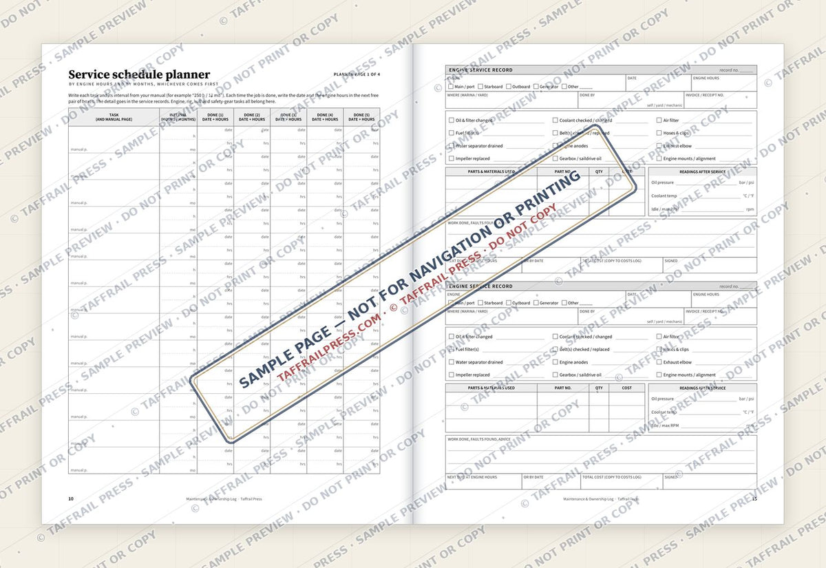 Boat Maintenance & Ownership Log — Interior preview 4: Two-page open log spread (watermarked sample)