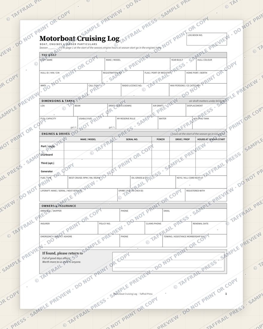 Motorboat Cruising Log — Interior preview 1: Vessel & crew particulars (watermarked sample)