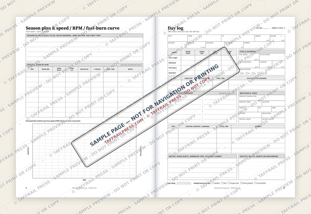 Motorboat Cruising Log — Interior preview 4: Two-page open log spread (watermarked sample)