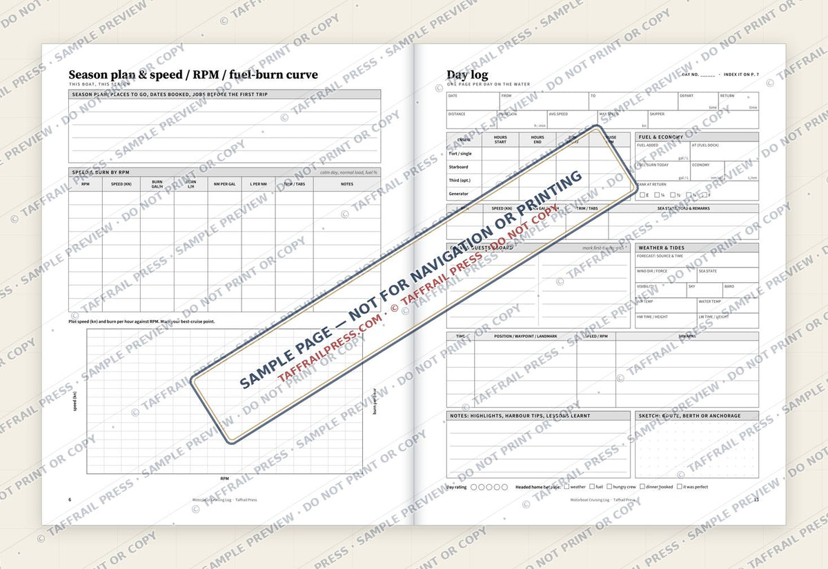 Motorboat Cruising Log — Interior preview 4: Two-page open log spread (watermarked sample)