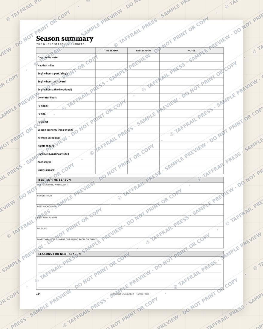 Motorboat Cruising Log — Interior preview 7: Season summary & totals (watermarked sample)