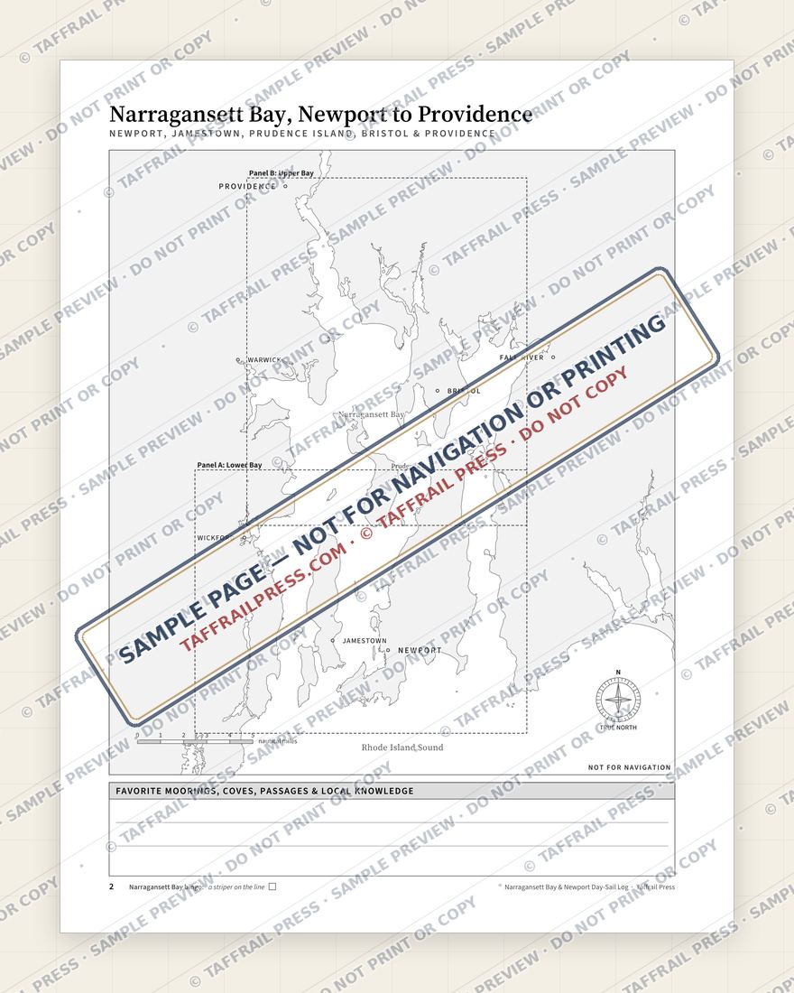 Narragansett Bay & Newport Day-Sail Log — Interior preview 2: Regional overview map & contents (watermarked sample)
