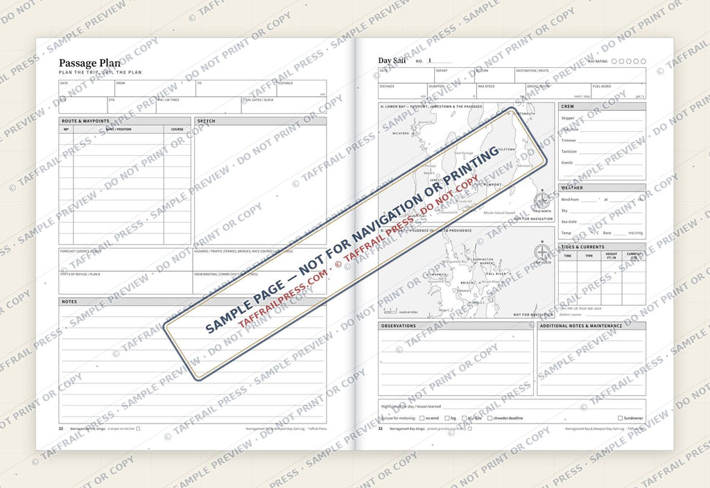 Narragansett Bay & Newport Day-Sail Log — Interior preview 4: Two-page open log spread (watermarked sample)