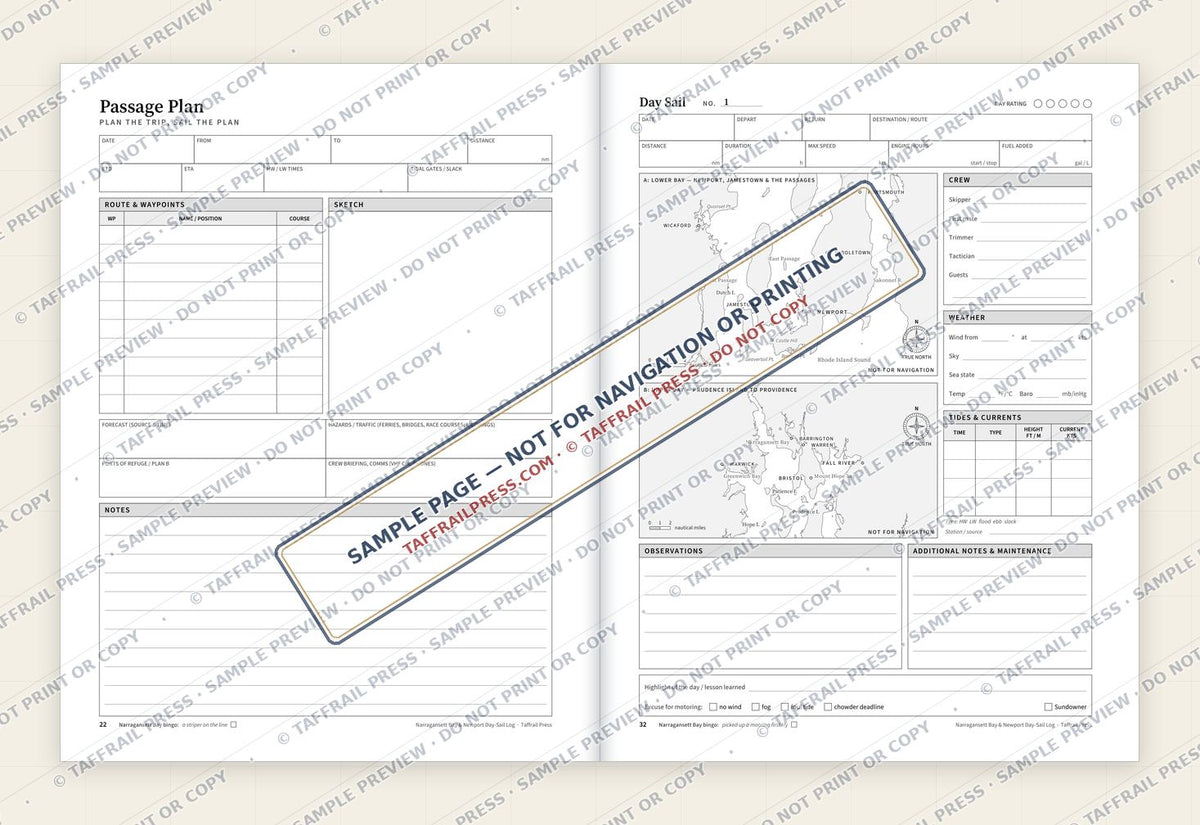 Narragansett Bay & Newport Day-Sail Log — Interior preview 4: Two-page open log spread (watermarked sample)