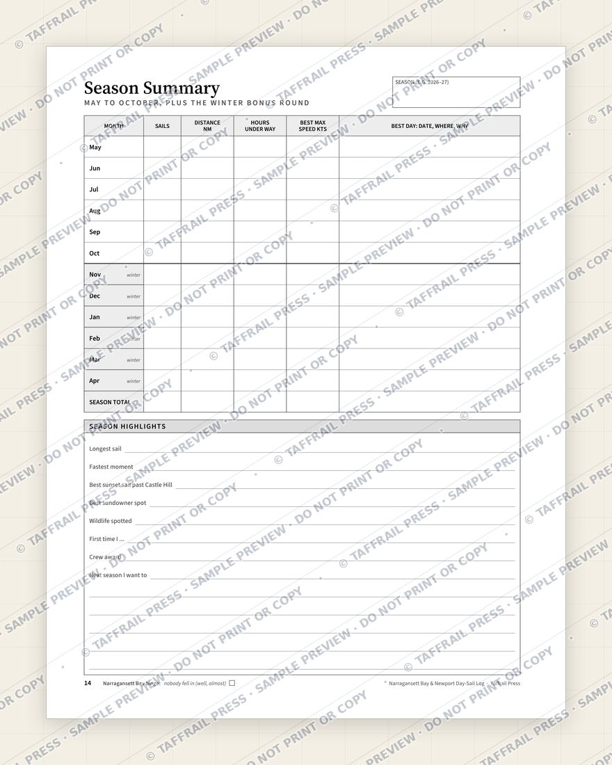 Narragansett Bay & Newport Day-Sail Log — Interior preview 7: Season summary & totals (watermarked sample)