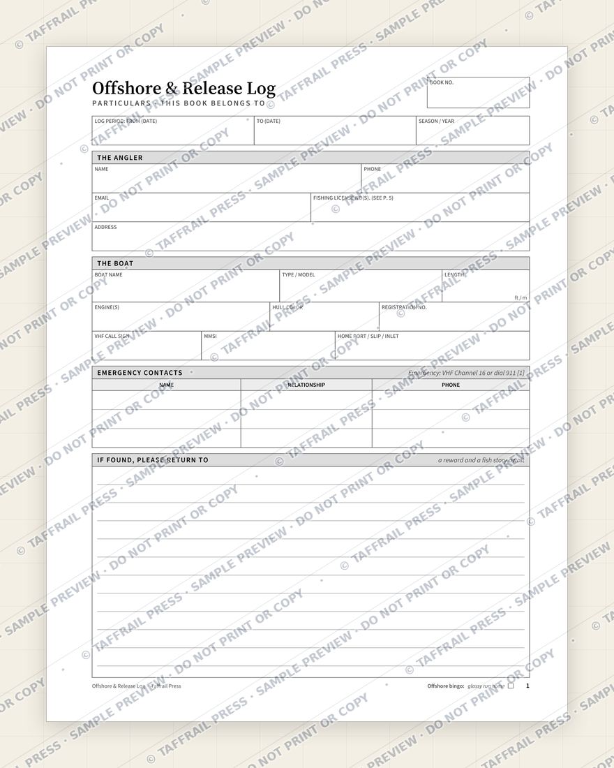 Offshore & Release Log — Interior preview 1: Vessel & crew particulars (watermarked sample)