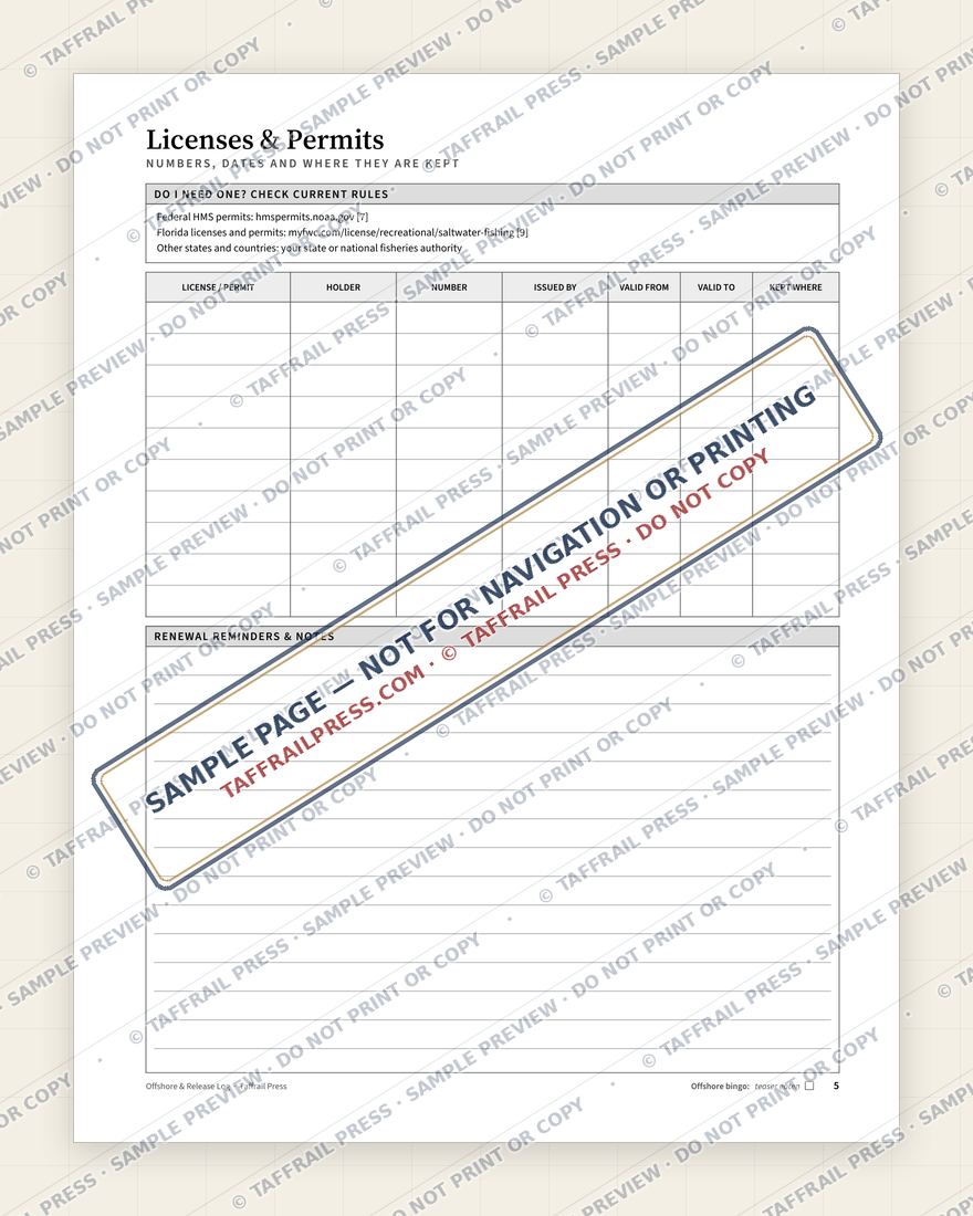 Offshore & Release Log — Interior preview 3: Safety, emergency & pre-departure (watermarked sample)