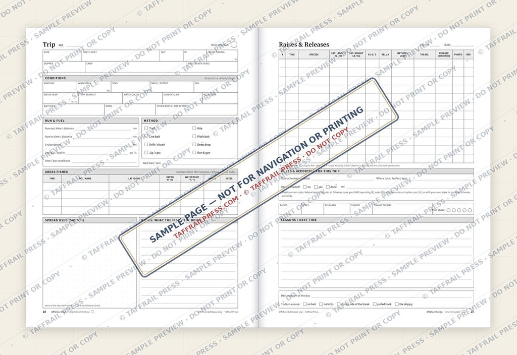 Offshore & Release Log — Interior preview 4: Two-page open log spread (watermarked sample)