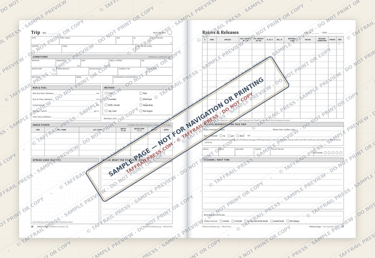 Offshore & Release Log — Interior preview 4: Two-page open log spread (watermarked sample)