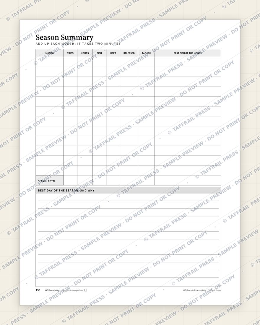 Offshore & Release Log — Interior preview 7: Season summary & totals (watermarked sample)