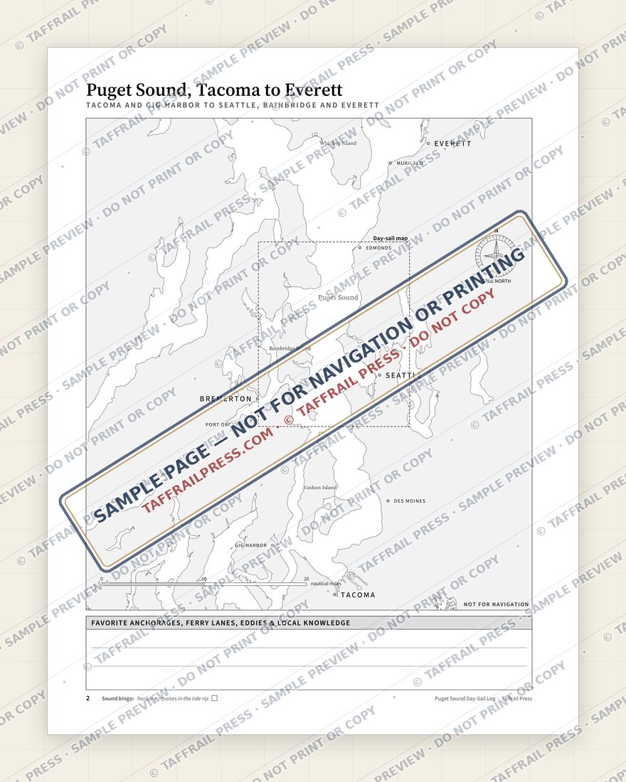 Puget Sound Day-Sail Log — Interior preview 2: Regional overview map & contents (watermarked sample)
