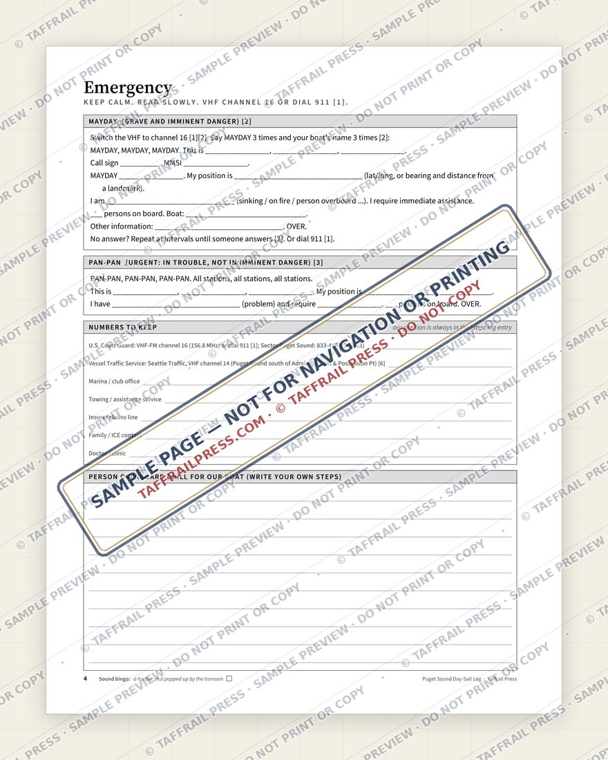 Puget Sound Day-Sail Log — Interior preview 3: Safety, emergency & pre-departure (watermarked sample)