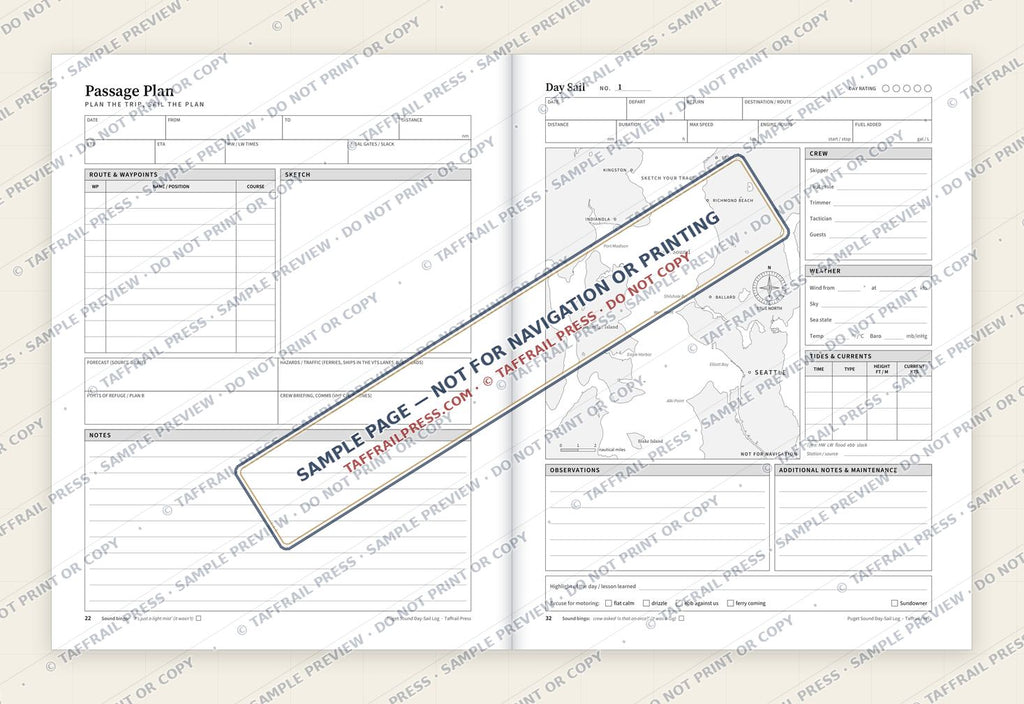 Puget Sound Day-Sail Log — Interior preview 4: Two-page open log spread (watermarked sample)