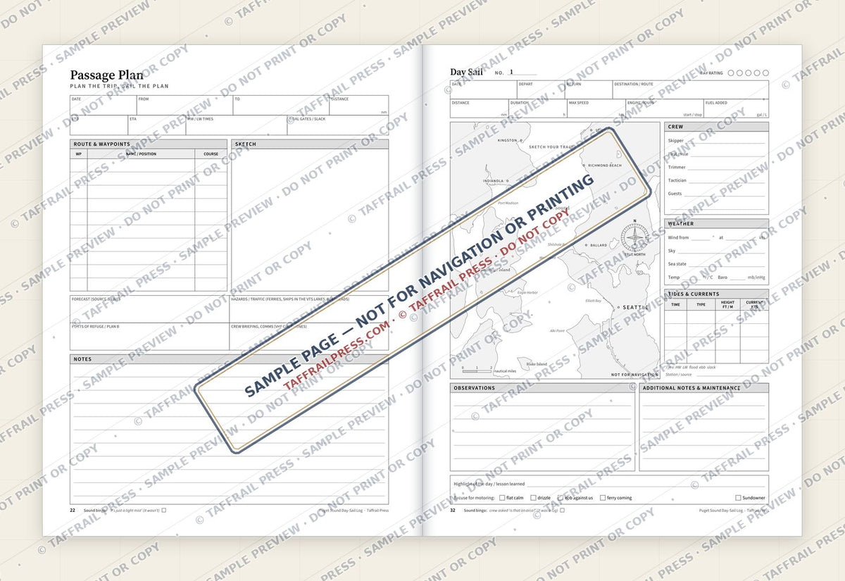 Puget Sound Day-Sail Log — Interior preview 4: Two-page open log spread (watermarked sample)