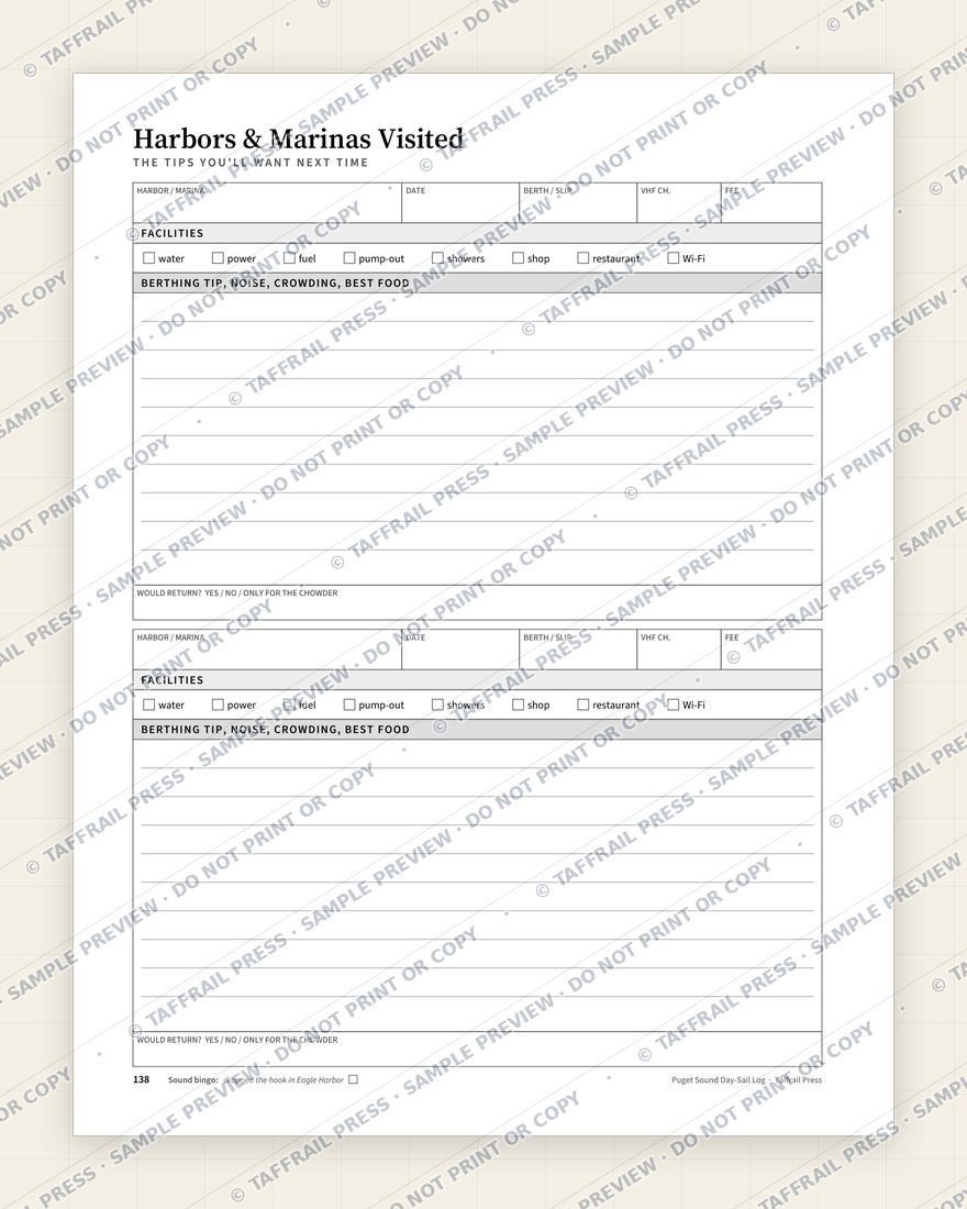 Puget Sound Day-Sail Log — Interior preview 6: Regional reference tables & directory (watermarked sample)