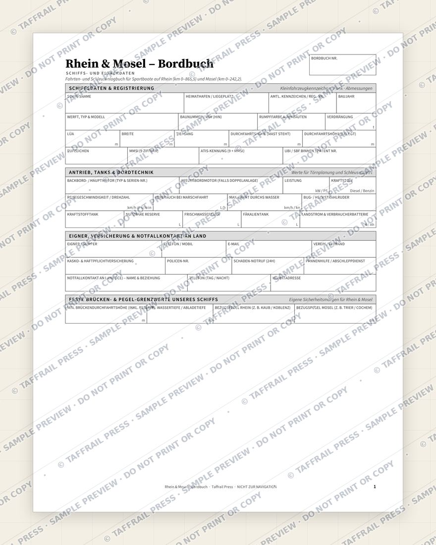 Rhein & Mosel – Bordbuch — Interior preview 1: Vessel & crew particulars (watermarked sample)