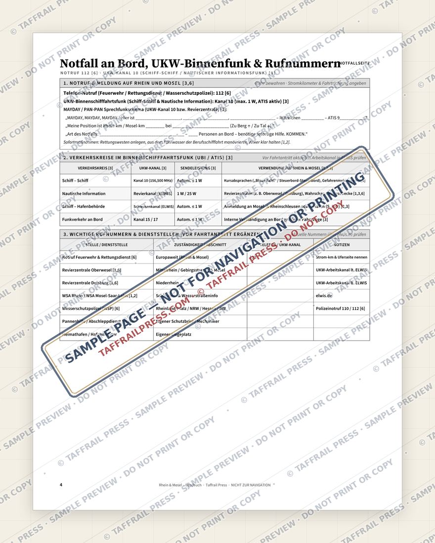 Rhein & Mosel – Bordbuch — Interior preview 3: Safety, emergency & pre-departure (watermarked sample)
