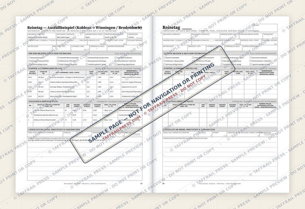Rhein & Mosel – Bordbuch — Interior preview 4: Two-page open log spread (watermarked sample)