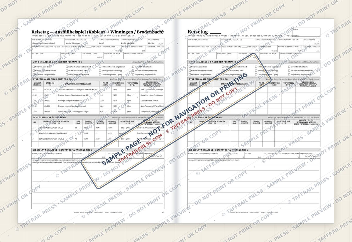 Rhein & Mosel – Bordbuch — Interior preview 4: Two-page open log spread (watermarked sample)