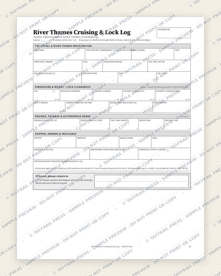 River Thames Cruising & Lock Log — Interior preview 1: Vessel & crew particulars (watermarked sample)
