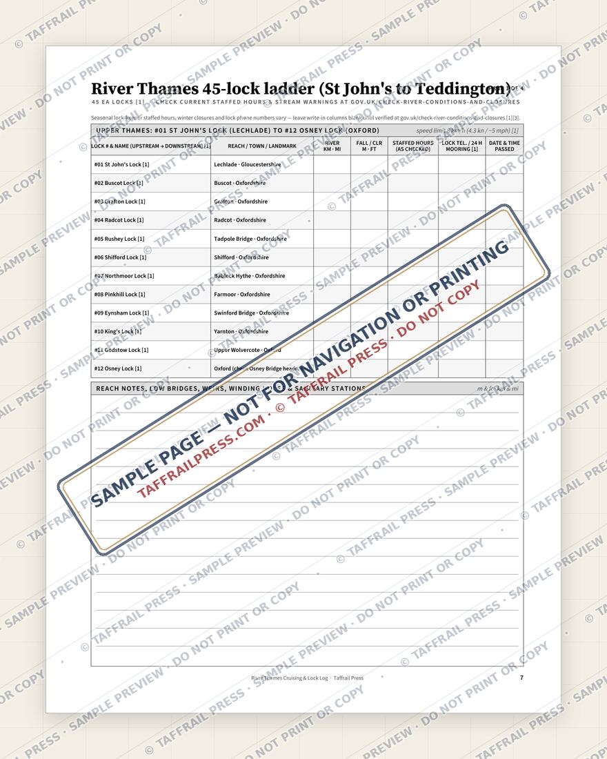 River Thames Cruising & Lock Log — Interior preview 2: Regional overview map & contents (watermarked sample)
