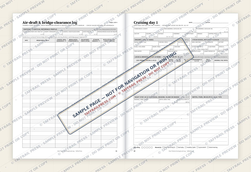 River Thames Cruising & Lock Log — Interior preview 4: Two-page open log spread (watermarked sample)