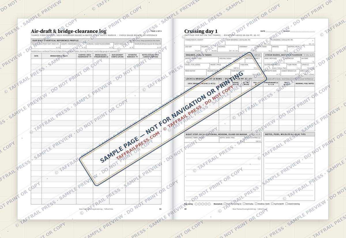 River Thames Cruising & Lock Log — Interior preview 4: Two-page open log spread (watermarked sample)
