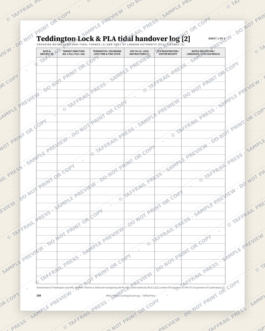 River Thames Cruising & Lock Log — Interior preview 6: Regional reference tables & directory (watermarked sample)