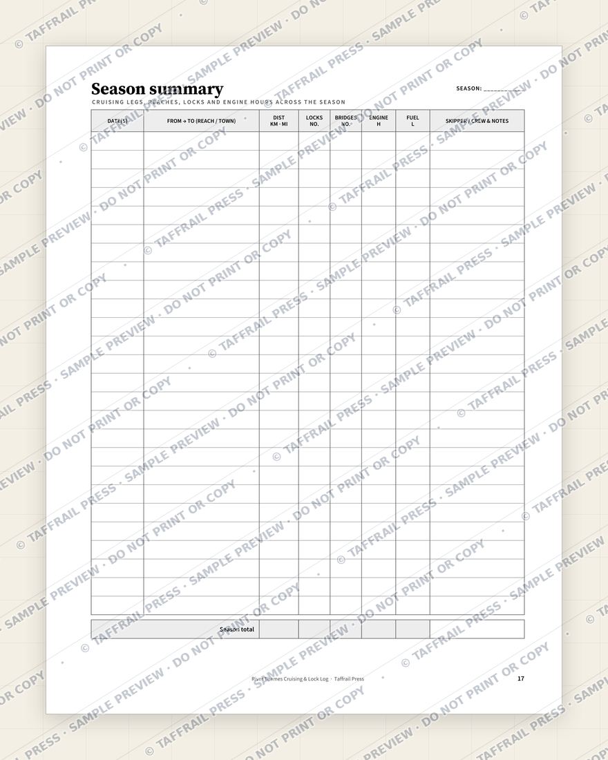 River Thames Cruising & Lock Log — Interior preview 7: Season summary & totals (watermarked sample)
