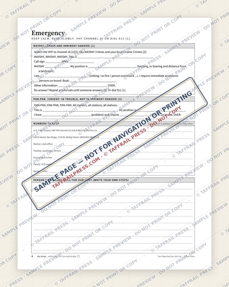 San Diego Bay Day-Sail Log — Interior preview 3: Safety, emergency & pre-departure (watermarked sample)