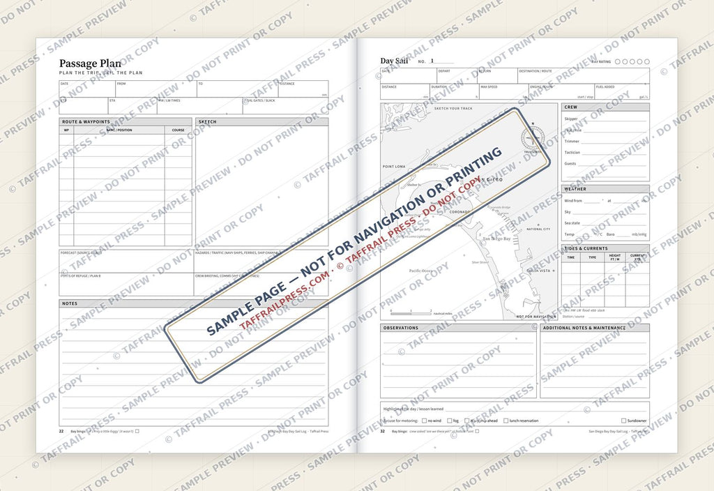 San Diego Bay Day-Sail Log — Interior preview 4: Two-page open log spread (watermarked sample)