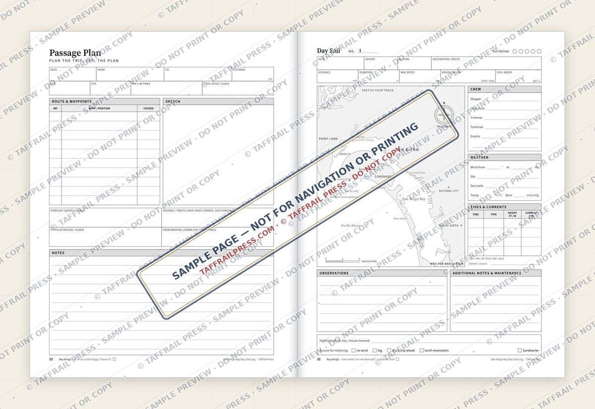 San Diego Bay Day-Sail Log — Interior preview 4: Two-page open log spread (watermarked sample)
