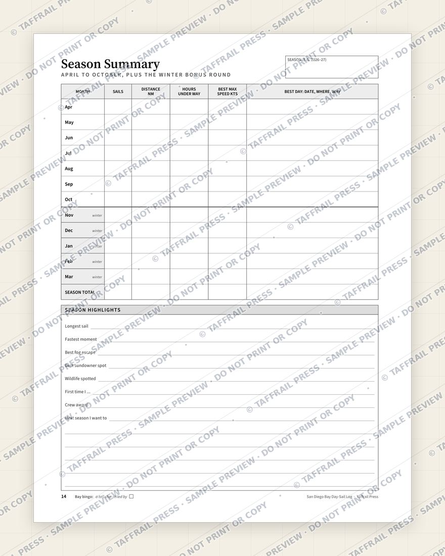 San Diego Bay Day-Sail Log — Interior preview 7: Season summary & totals (watermarked sample)