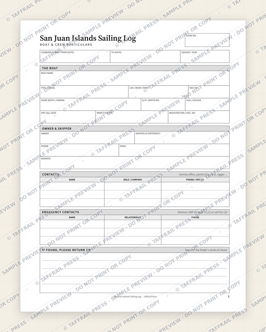 San Juan Islands Sailing Log — Interior preview 1: Vessel & crew particulars (watermarked sample)