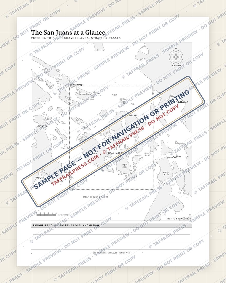 San Juan Islands Sailing Log — Interior preview 2: Regional overview map & contents (watermarked sample)