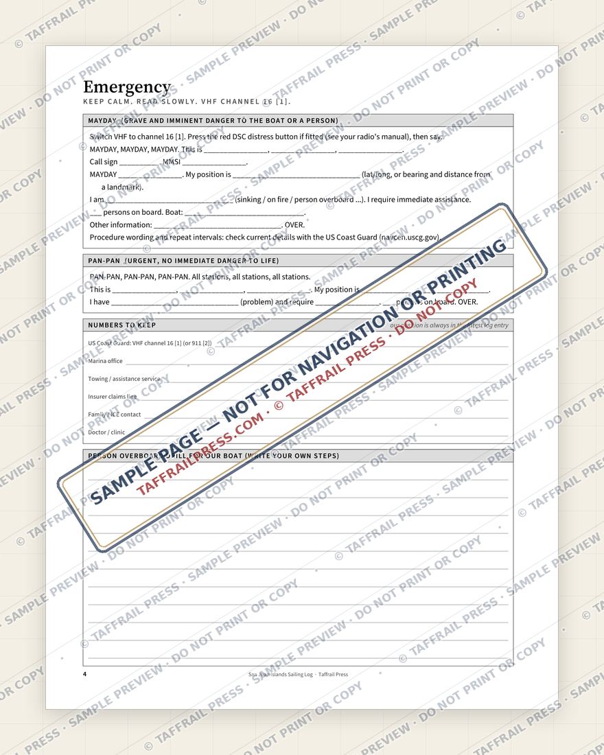 San Juan Islands Sailing Log — Interior preview 3: Safety, emergency & pre-departure (watermarked sample)